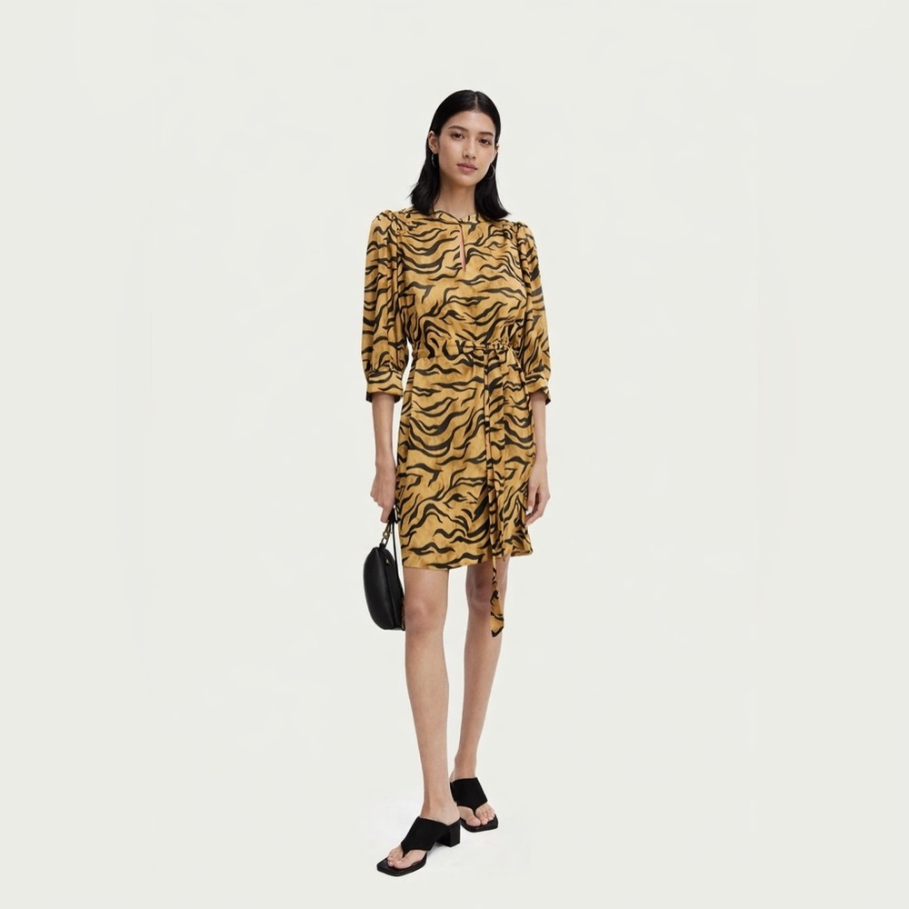SCOTCH & SODA - Tiger Print Satin Tie-Waist Dress | Black & Tan Animal Print